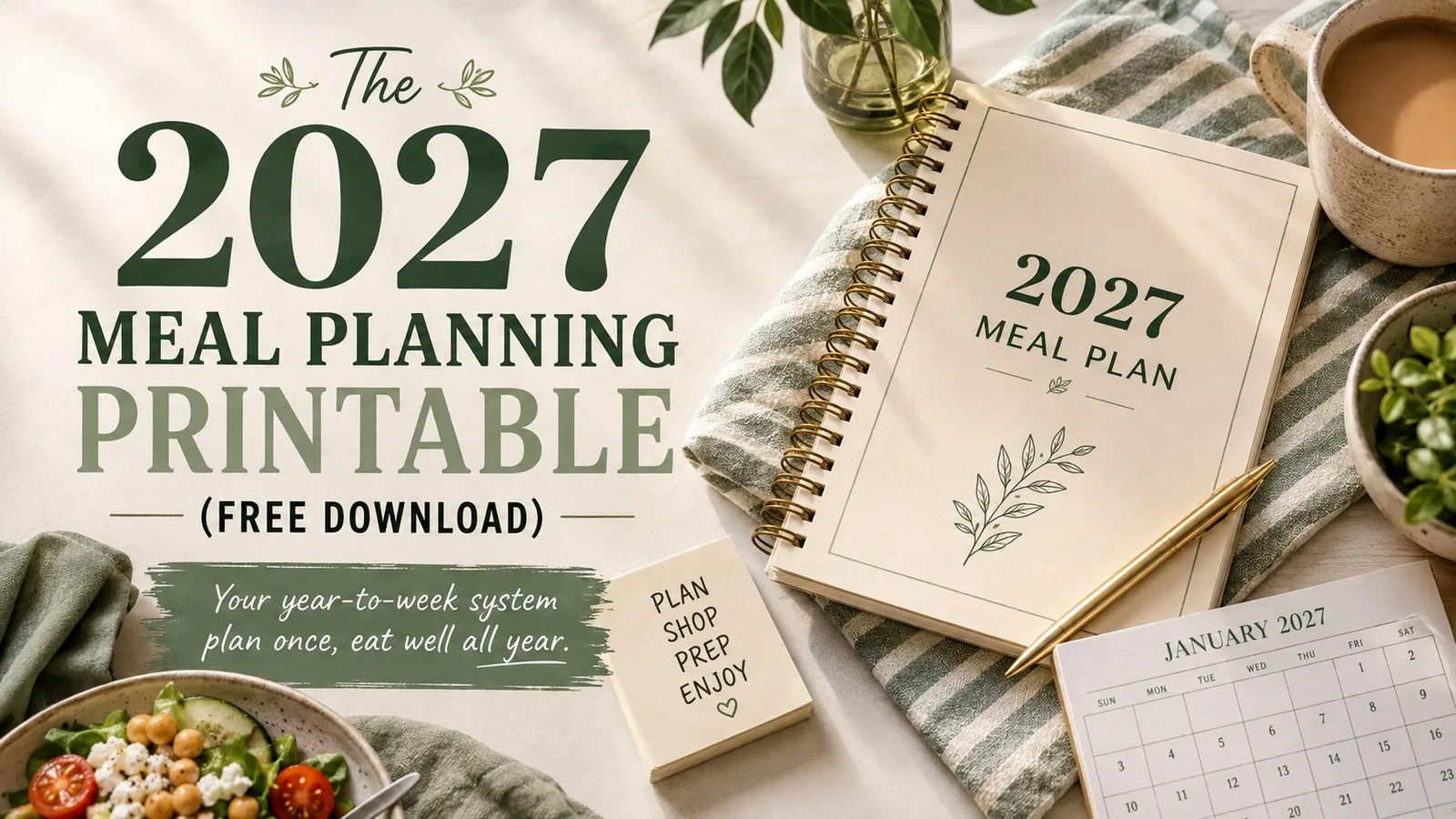 Spiral notebook labeled '2027 Meal Plan' next to a January 2027 calendar, a 'Plan Shop Prep Enjoy' card, coffee, and a fresh salad bowl.