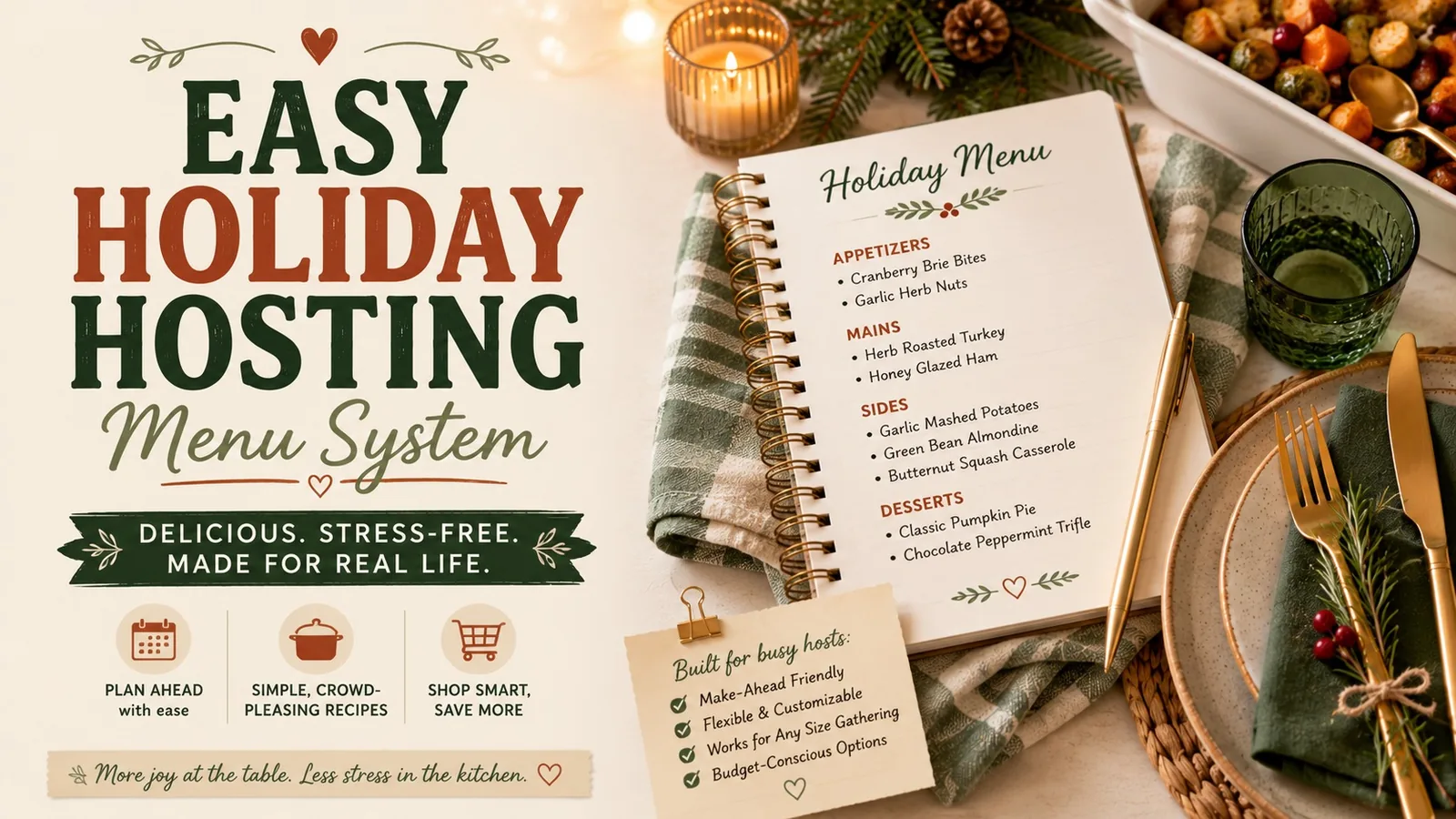 Notebook page listing a holiday menu by course — appetizers, mains, sides, desserts — next to a holiday table setting and a roasting pan of vegetables.
