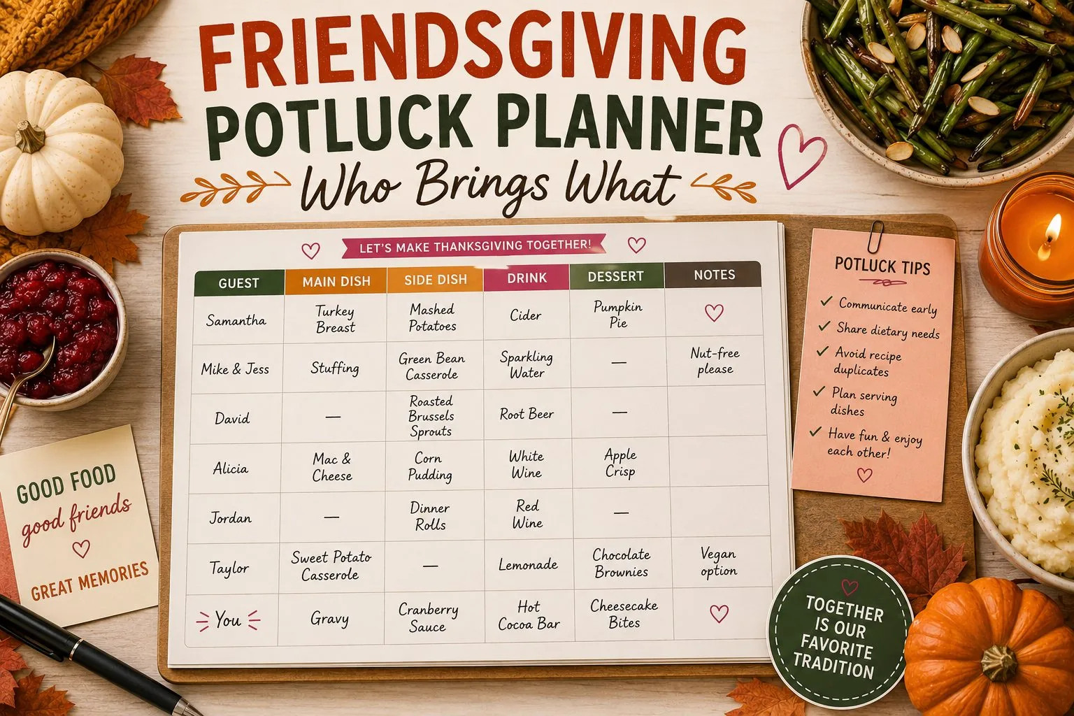 Printable potluck sign-up sheet with columns for guest, main dish, side dish, drink, dessert, and notes, surrounded by Thanksgiving side dishes and pumpkins.