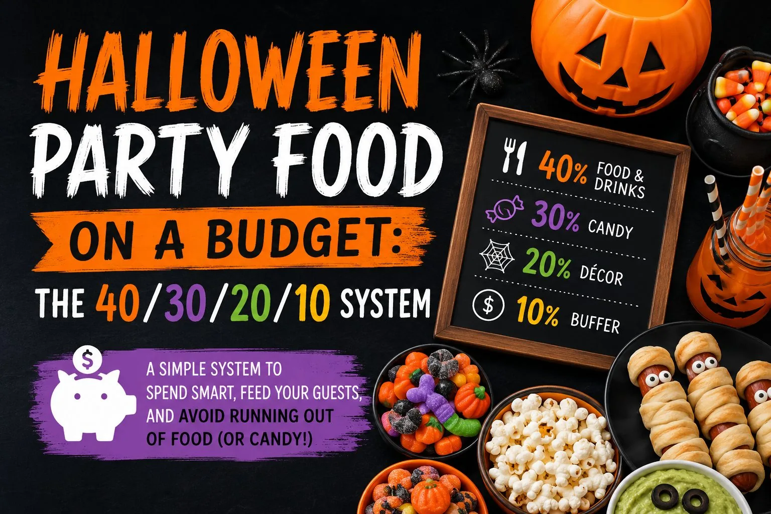 Chalkboard sign showing a 40/30/20/10 budget split for food and drinks, candy, décor, and buffer, next to bowls of Halloween candy and mummy hot dogs.