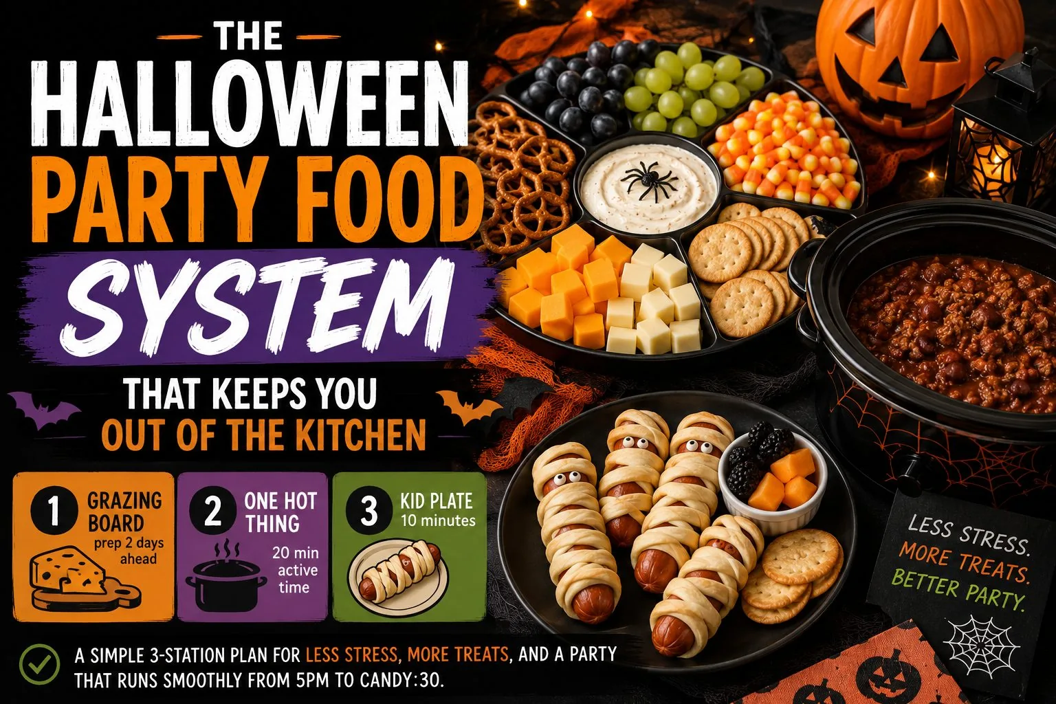 Halloween party spread — a grazing board, chili in a slow cooker, and mummy hot dogs — organized into 3 numbered prep stations.