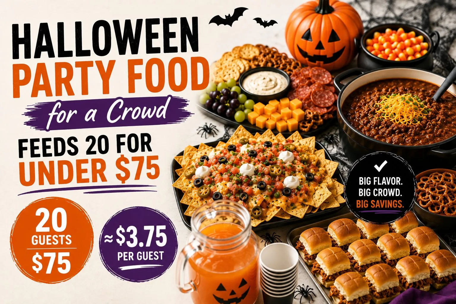 Halloween party spread of nachos, chili, sliders, and a snack platter, with callouts showing it feeds 20 guests for under $75.