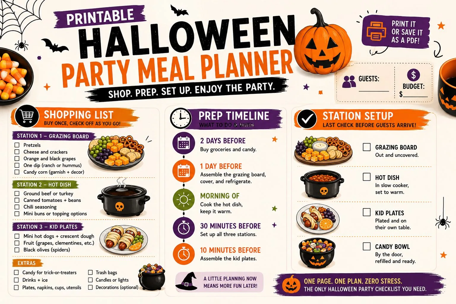 One-page printable Halloween party planner with a shopping list, prep timeline, and station setup checklist for a grazing board, hot dish, and kid plates.