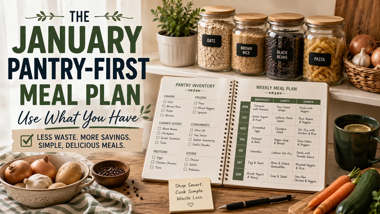 Pantry inventory and weekly meal plan notebook next to labeled jars of oats, brown rice, black beans, and pasta, with onions, garlic, and a mug of tea on the counter.
