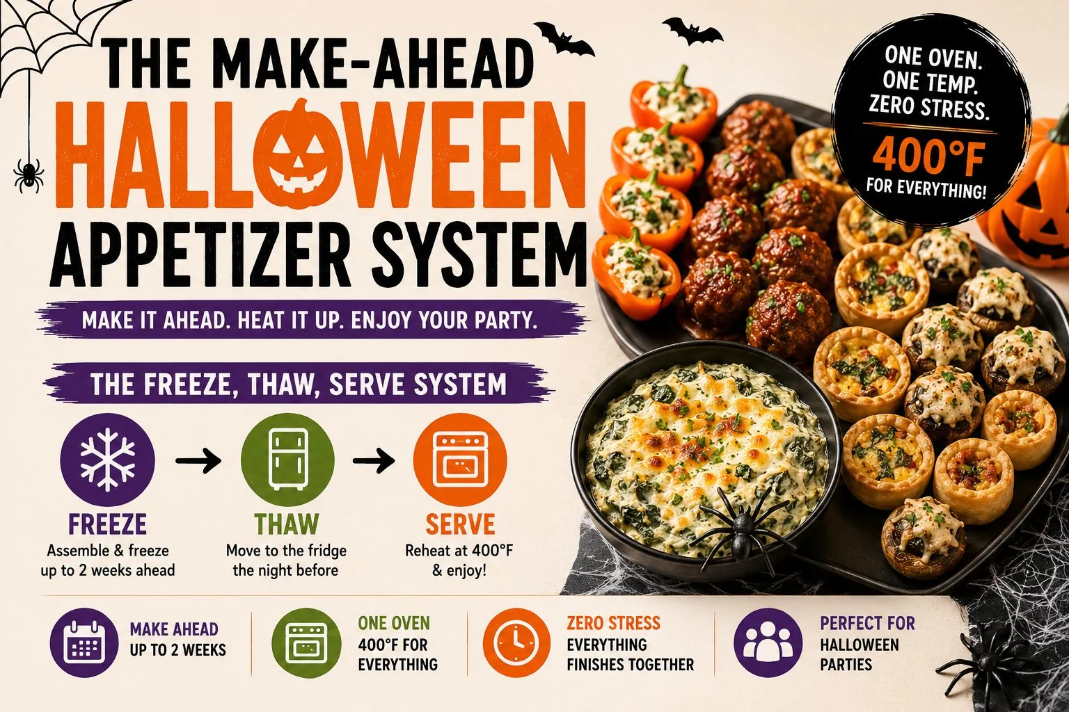 Tray of Halloween appetizers — stuffed peppers, meatballs, spinach dip, and mini quiches — next to a 3-step Freeze, Thaw, Serve icon diagram.