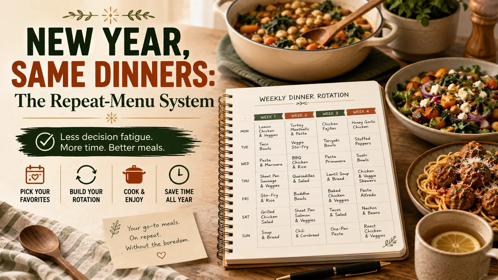 Weekly dinner rotation notebook listing four weeks of repeat meals next to a pot of vegetable stew, a grain salad, and a plate of spaghetti and meatballs.