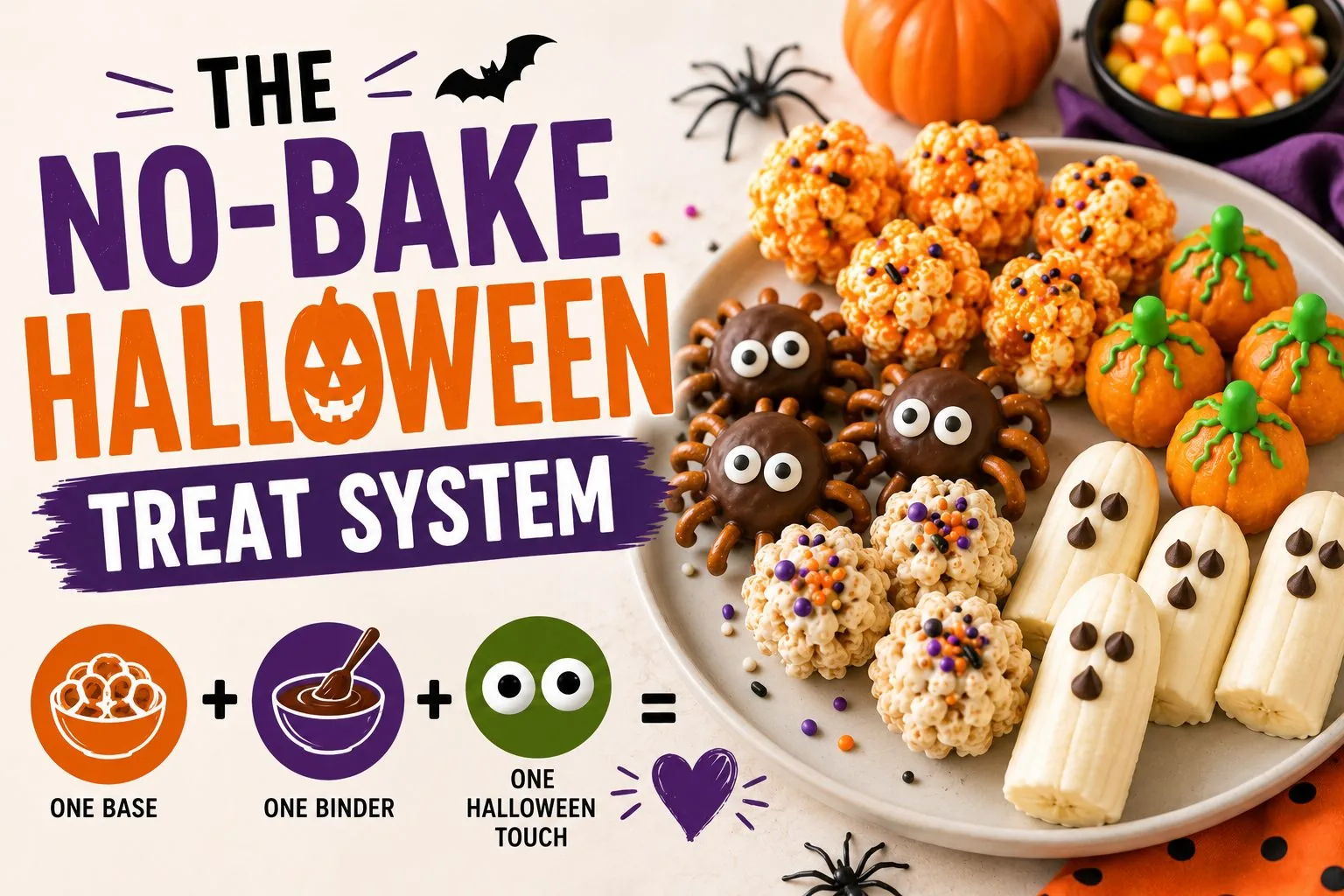 Plate of no-bake Halloween treats — popcorn pumpkins, chocolate-covered pretzel spiders, and banana ghosts — with a 'one base + one binder + one Halloween touch' formula icon.