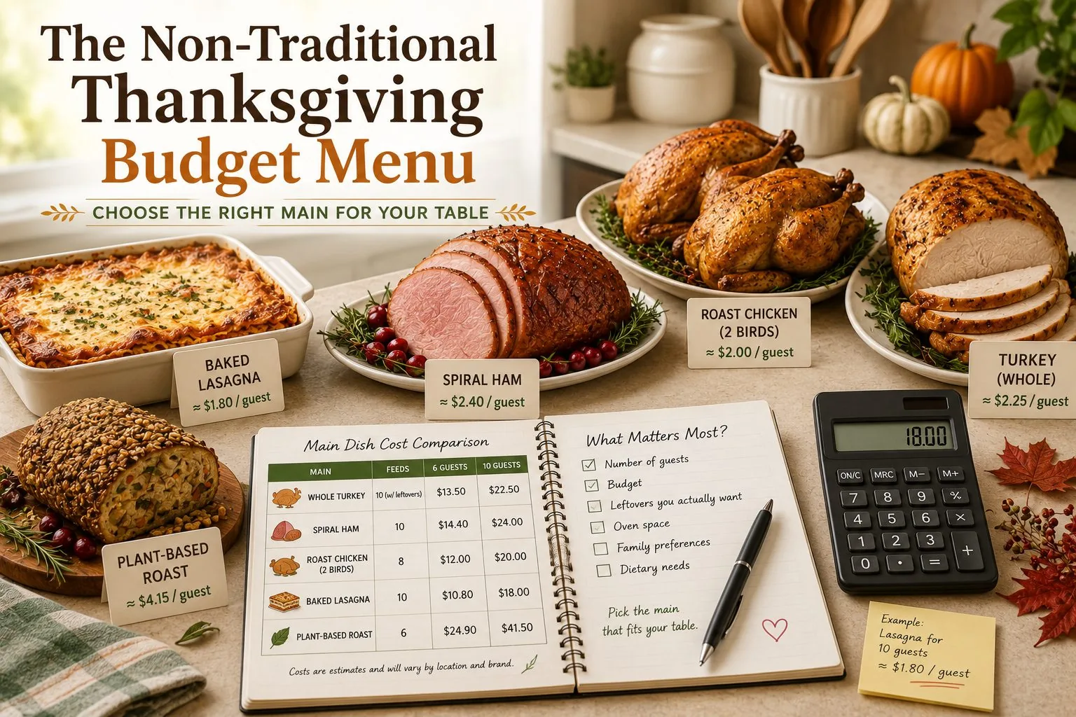 Side-by-side comparison of Thanksgiving mains — turkey, spiral ham, roast chicken, lasagna, and plant-based roast — with a per-guest cost table.