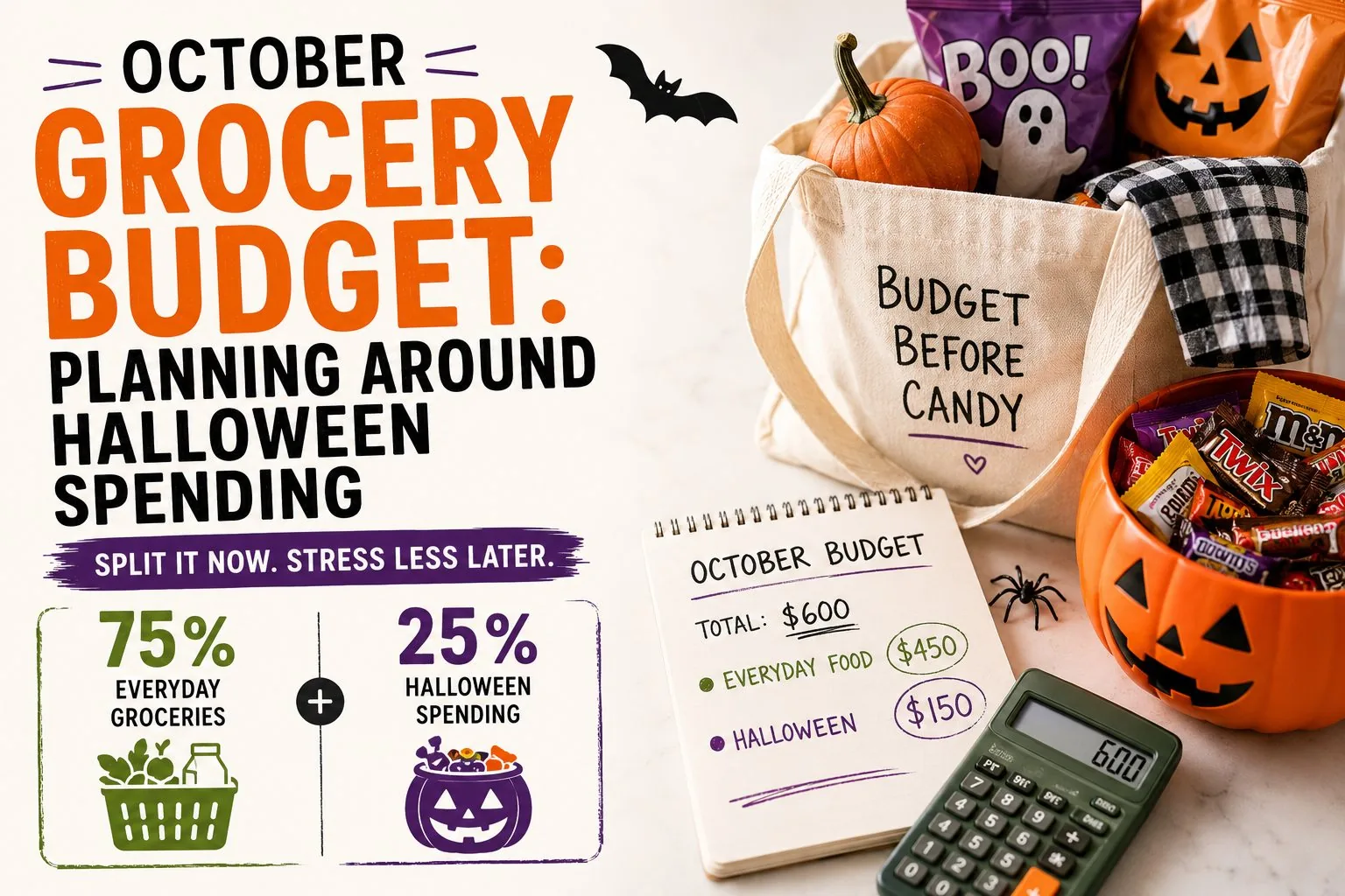 Notebook page showing an October budget split — 75% everyday groceries, 25% Halloween spending — next to a tote bag reading 'Budget Before Candy'.
