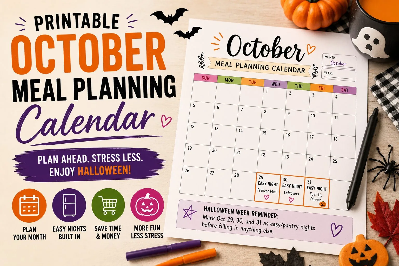 Printable October meal planning calendar with Halloween week (Oct 29–31) marked as easy, pantry-only nights.