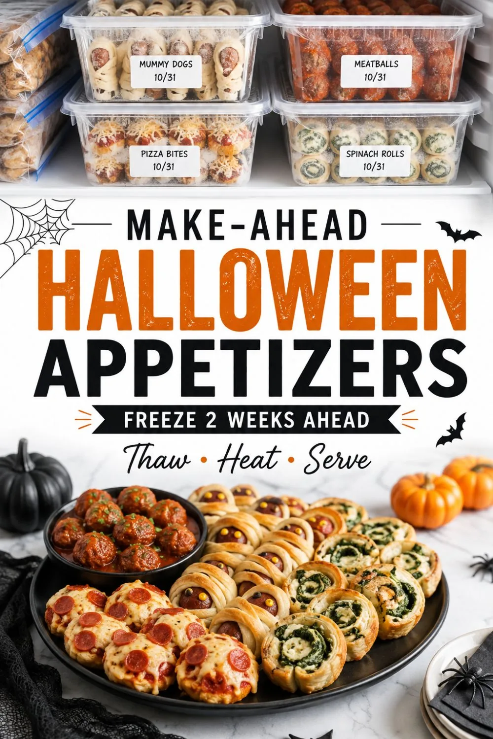 Pinterest pin reading 'Make-Ahead Halloween Appetizers: Freeze 2 Weeks Ahead, Thaw, Heat, Serve' over labeled freezer containers and a plated appetizer spread.