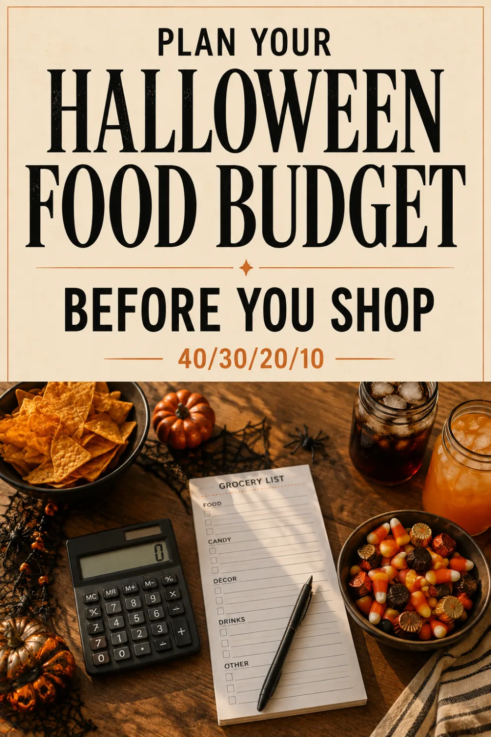 Pinterest pin reading 'Plan Your Halloween Food Budget Before You Shop: 40/30/20/10' over a calculator, grocery list, and bowl of Halloween candy.