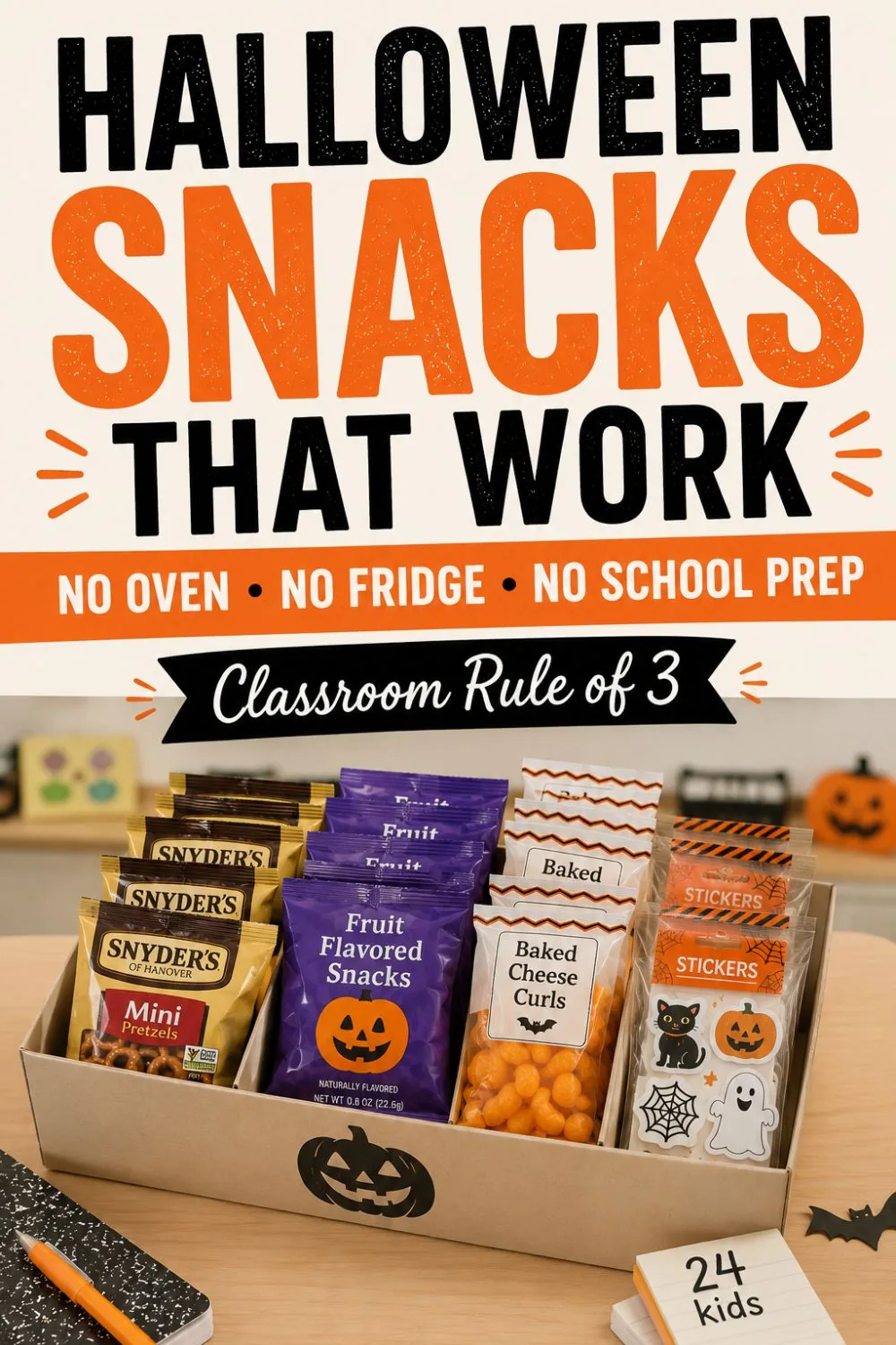 Pinterest pin reading 'Halloween Snacks That Work: No Oven, No Fridge, No School Prep — Classroom Rule of 3' over a bin of individually wrapped classroom snacks.