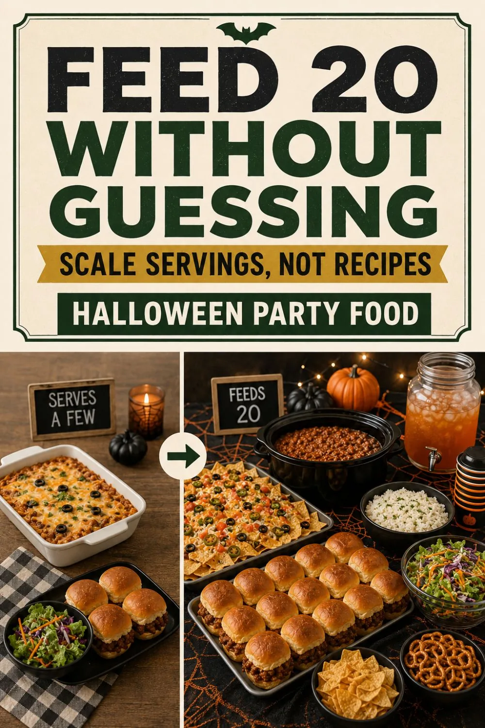 Pinterest pin reading 'Feed 20 Without Guessing: Scale Servings, Not Recipes' showing a small Halloween party spread scaled up to a large one feeding 20.