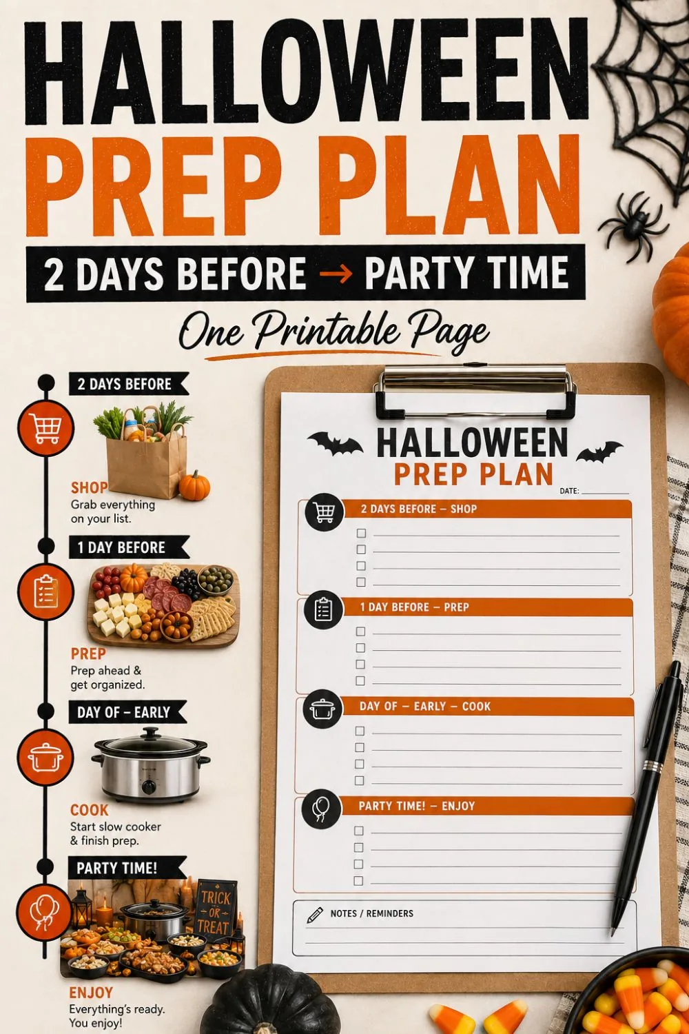 Pinterest pin reading 'Halloween Prep Plan: 2 Days Before to Party Time, One Printable Page' with a 4-step shop, prep, cook, enjoy timeline next to a clipboard planner.
