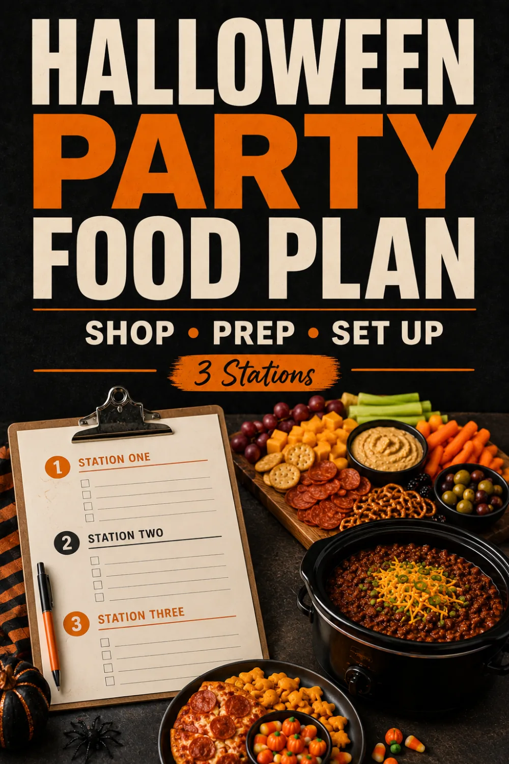 Pinterest pin reading 'Halloween Party Food Plan: Shop, Prep, Set Up — 3 Stations' over a numbered station checklist and a Halloween food spread.
