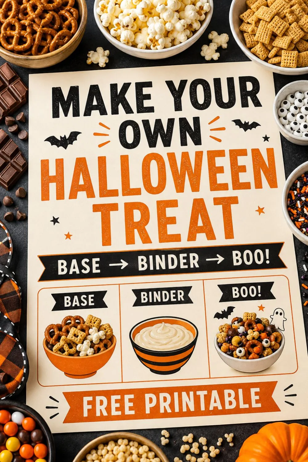 Pinterest pin reading 'Make Your Own Halloween Treat: Base to Binder to Boo, Free Printable' over a base, binder, and boo formula diagram surrounded by snack ingredients.