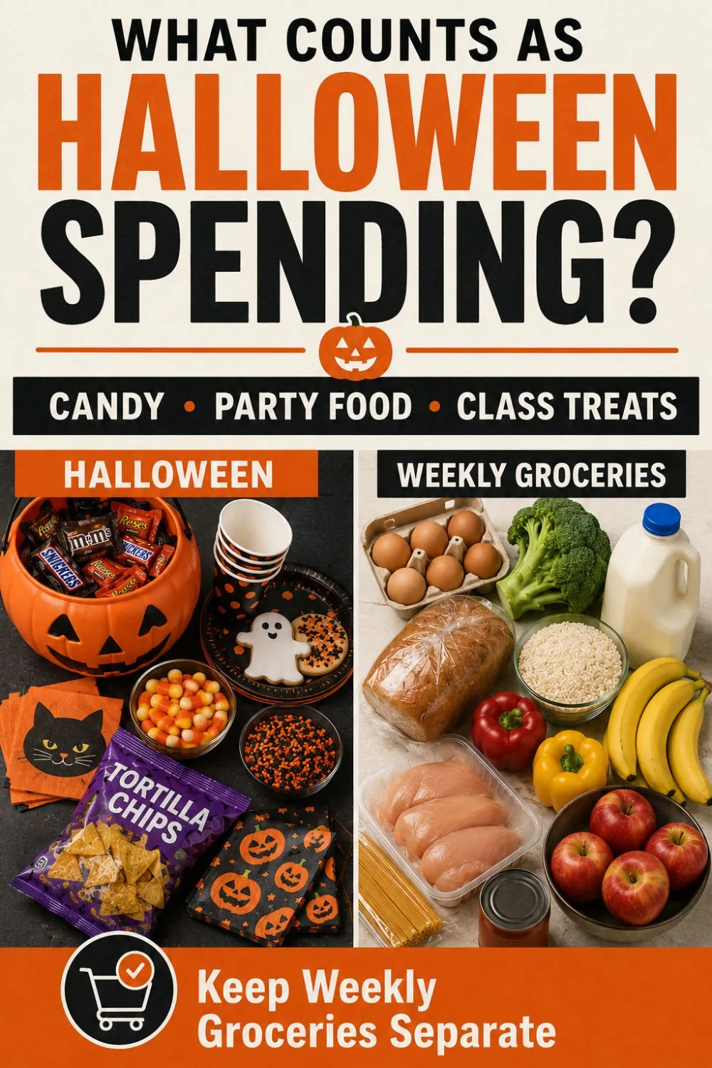 Pinterest pin reading 'What Counts as Halloween Spending? Keep Weekly Groceries Separate' comparing a Halloween candy haul to a normal grocery haul.