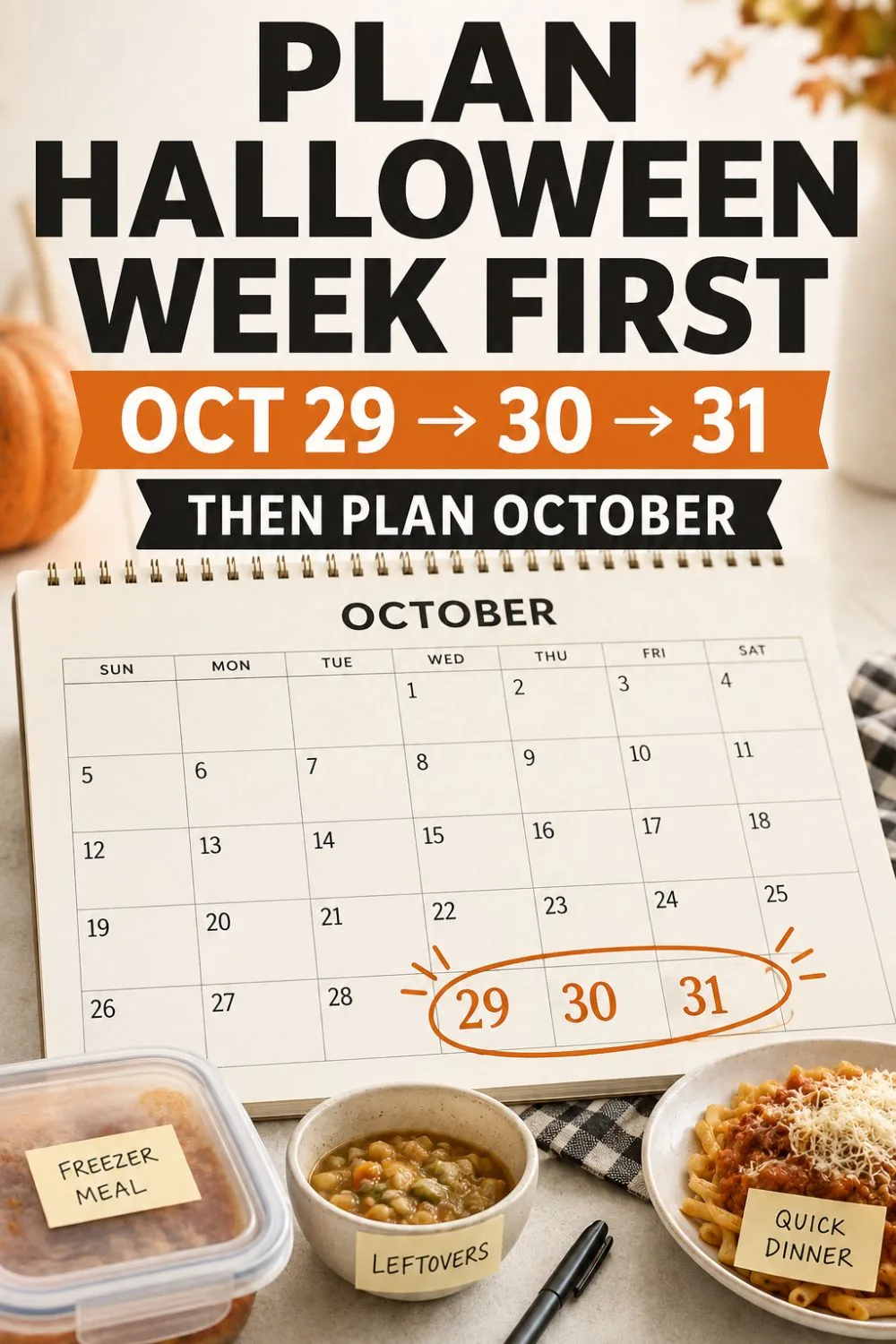 Pinterest pin reading 'Plan Halloween Week First: Oct 29-30-31, Then Plan October' over an October calendar with those dates circled.