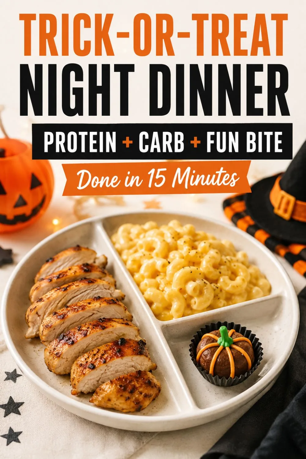 Pinterest pin reading 'Trick-or-Treat Night Dinner: Protein + Carb + Fun Bite, Done in 15 Minutes' over a divided plate of chicken, mac and cheese, and a pumpkin-shaped treat.