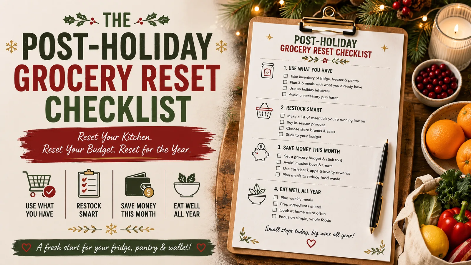 Post-holiday grocery reset checklist on a clipboard with four sections—use what you have, restock smart, save money, eat well—surrounded by holiday greenery, citrus, and fresh vegetables.