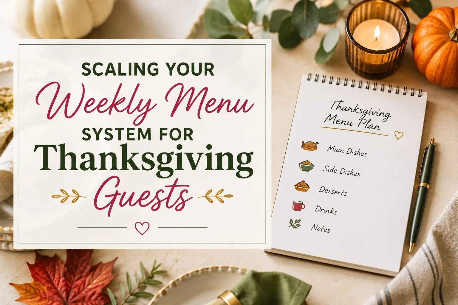 Notebook page titled 'Thanksgiving Menu Plan' organized by main dishes, side dishes, desserts, and drinks, next to a lit candle and pumpkins.