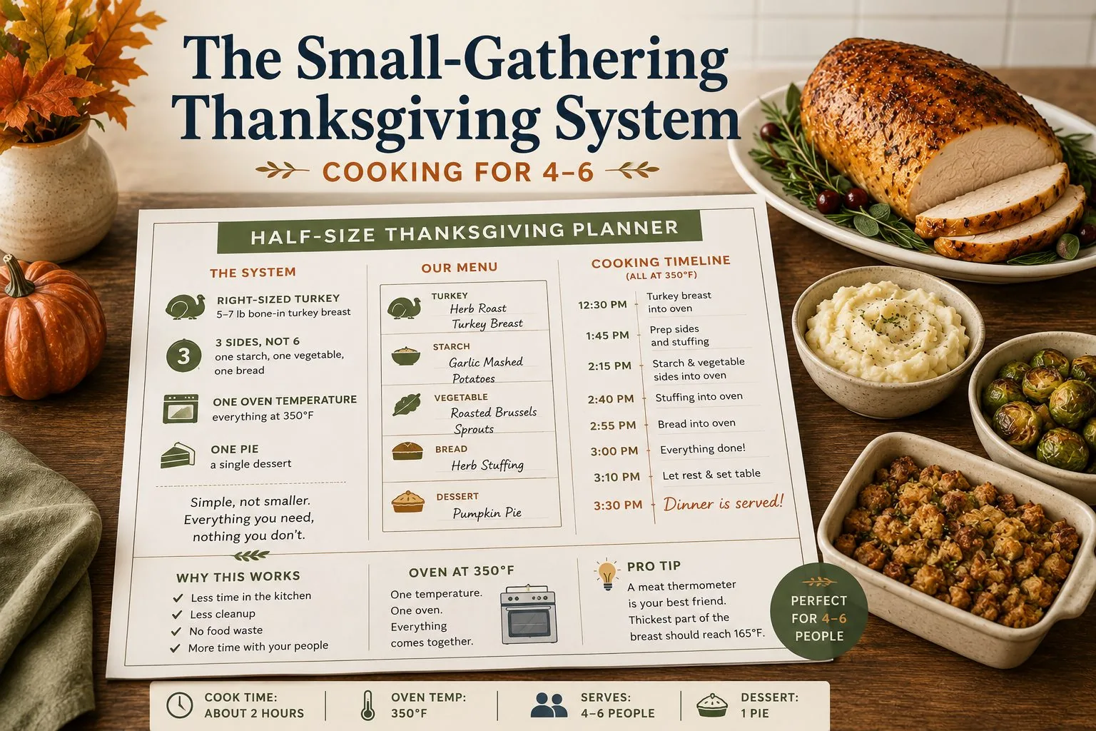 Printable half-size Thanksgiving planner for 4–6 people showing a turkey breast, 3 sides, one pie, and a staggered cooking timeline at 350°F.