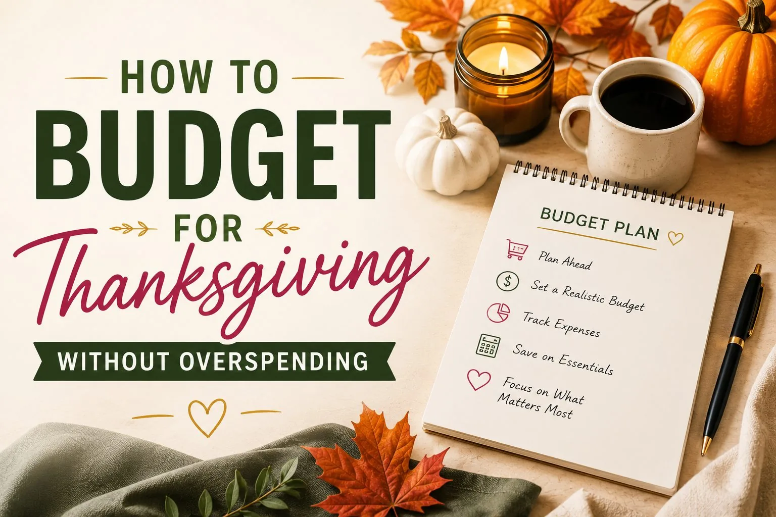 Notebook page titled 'Budget Plan' with a checklist for planning ahead, setting a realistic budget, and tracking expenses, styled with a candle, pumpkins, and coffee.