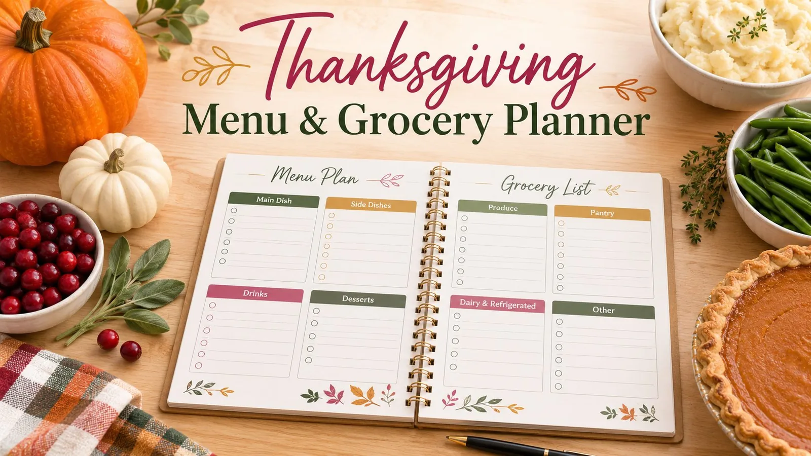 Notebook page listing a 3-week Thanksgiving countdown checklist — 3 weeks out, 1 week out, 2 days out, day of — next to a roast turkey and pies.