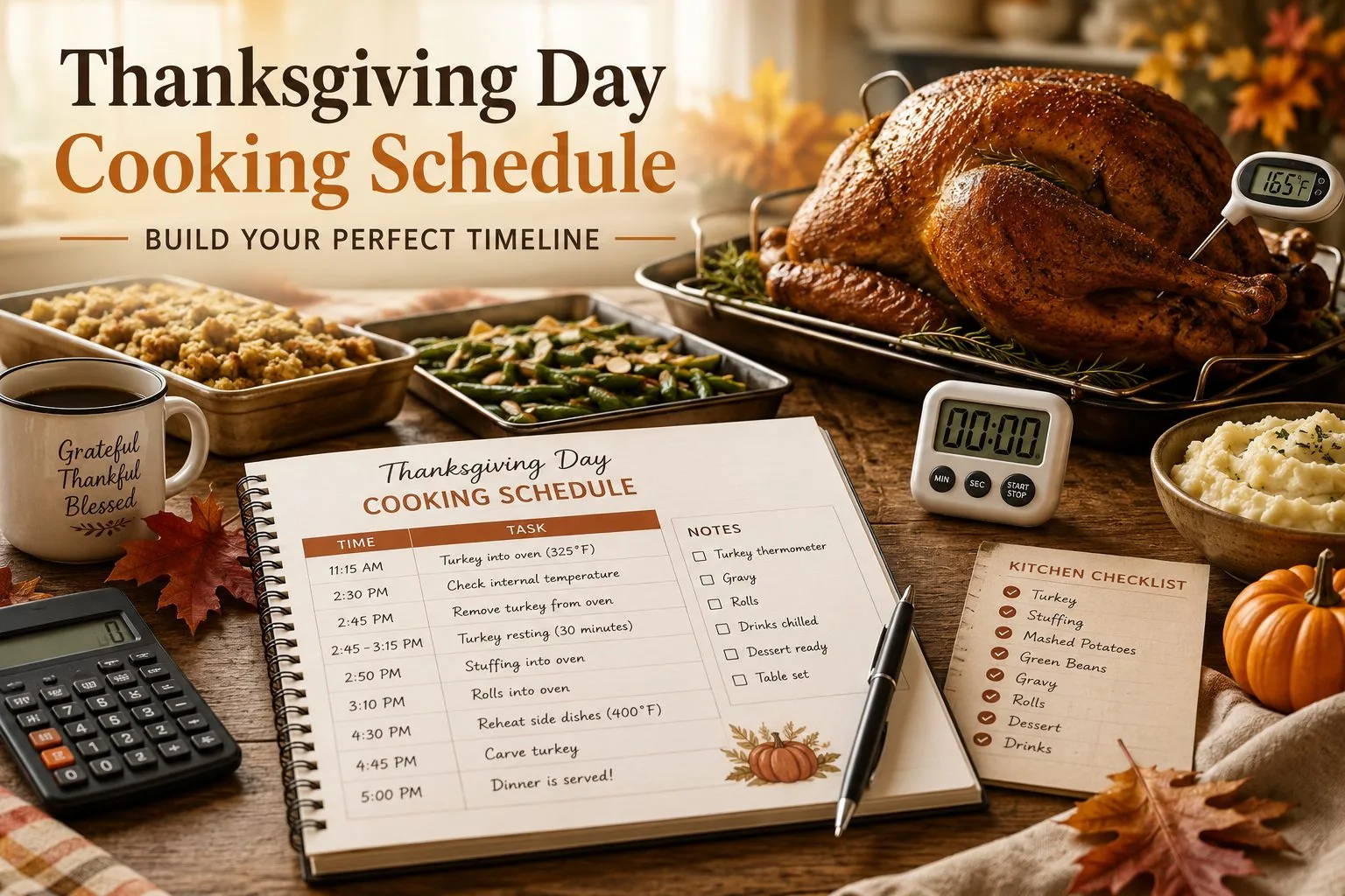 Notebook page titled 'Thanksgiving Day Cooking Schedule' with a timed task list next to a roast turkey with a meat thermometer and side dishes.