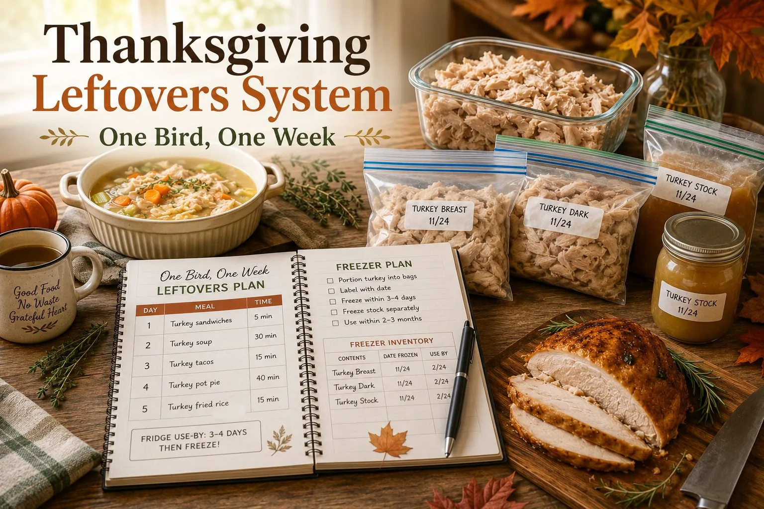 Notebook page titled 'One Bird, One Week Leftovers Plan' with a 5-day meal schedule, next to labeled bags of shredded turkey and turkey stock.