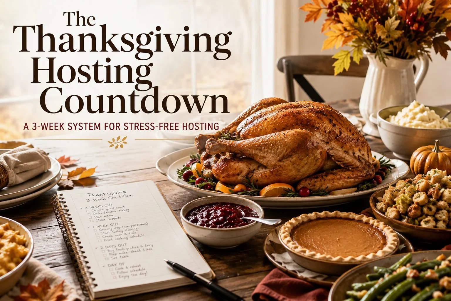 Two-page notebook spread with a Thanksgiving menu plan and grocery list organized by category, next to a pumpkin pie and green beans.