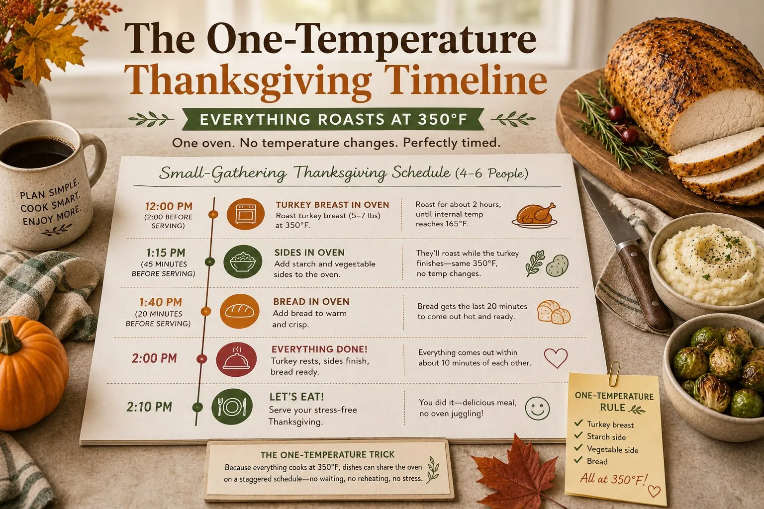 Printable Thanksgiving timeline showing a staggered one-temperature (350°F) cooking schedule for turkey breast, sides, and bread for a small gathering.