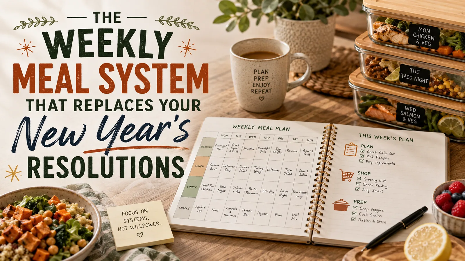 Weekly meal plan notebook open on a table with stacked labeled meal-prep containers, a coffee mug reading 'Plan Prep Enjoy Repeat', and a bowl of grain and veggie salad.