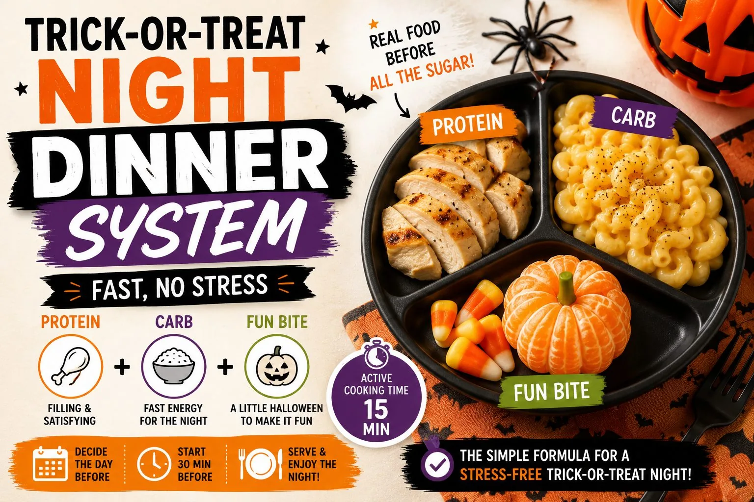 Divided dinner plate with grilled chicken, mac and cheese, and a clementine styled as a pumpkin, labeled protein, carb, and fun bite.